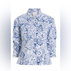 NWT CINQ A SEPT sketchbook floral scrunched canyon jacket in white/dark cerulean